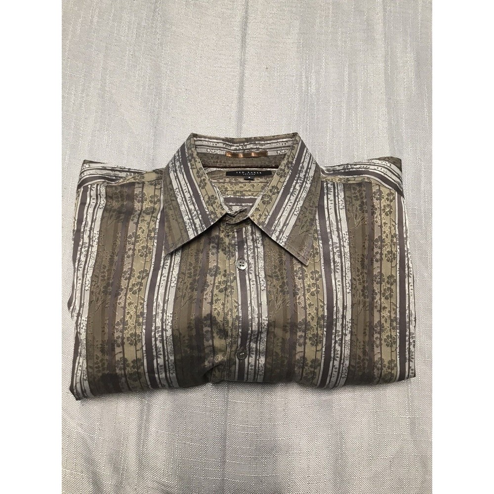 Ted Baker Floral Print Shirt Mens Size 6 Gray Brown Button Up Long Sleeve Cotton